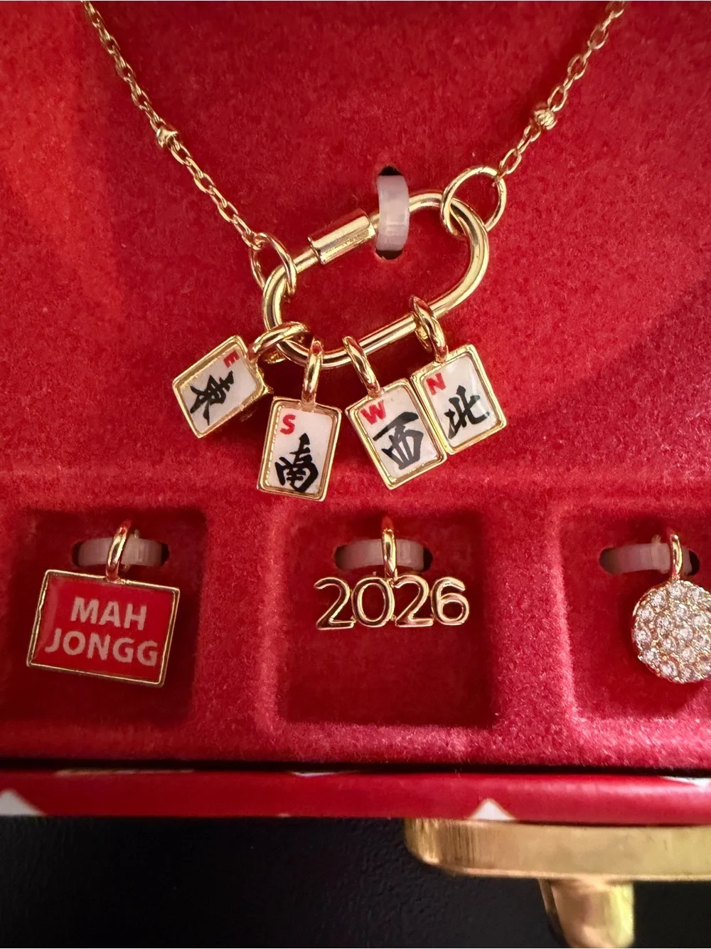 New Charmbar MahJongg Gold Tone 7 Charm Necklace Bar Link Customized Gift Box